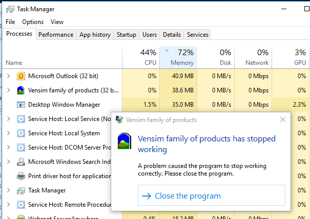 Vensim memory usage upon crash